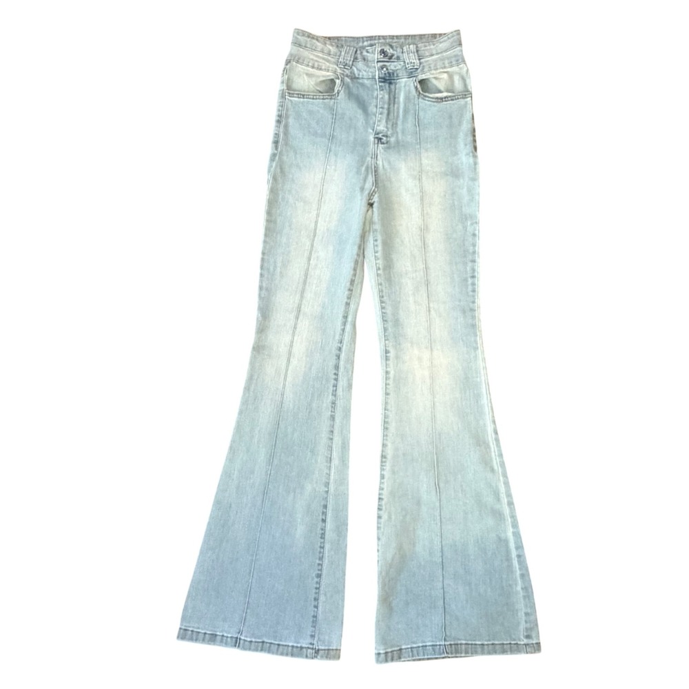Forever 21 Premium Flare Jeans Women 29 Light Blue High Rise Seam Front Boho 70s